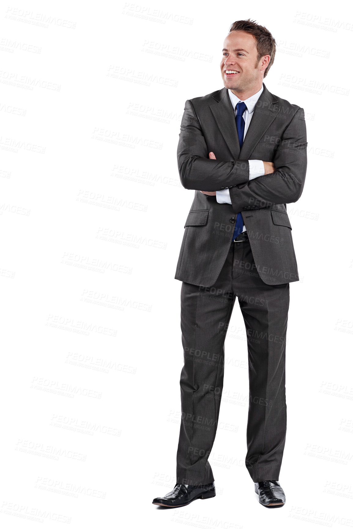 Buy stock photo Full length shot of a businessman standing with his arms folded against a white background