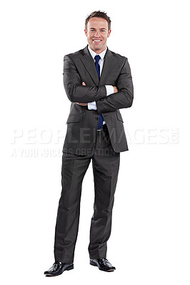 Buy stock photo Portrait, business and man with arms crossed, career and guy isolated against a white studio background. Face, male person and employee with confidence, startup success and professional with a suit