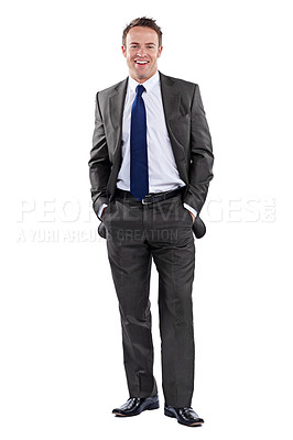 Buy stock photo Full length portrait of a businessman standing with his hands in his pockets against a white background