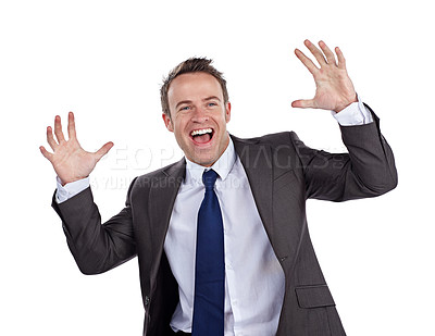 Buy stock photo Cropped shot of a businessman gesturing excitedly against a white background