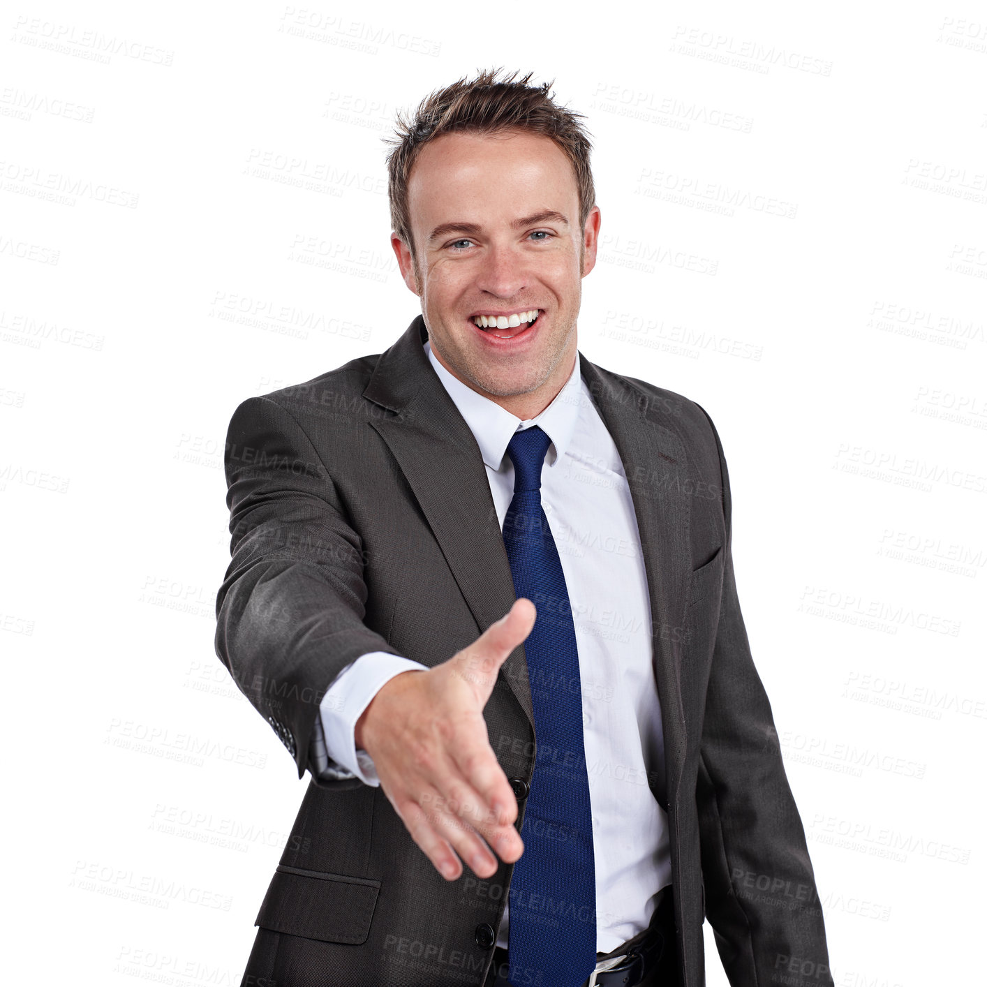Buy stock photo Handshake gesture, happy and portrait of businessman in studio for finance deal or agreement. Smile, shaking hands and male financial manager with partnership, welcome or greeting by white background