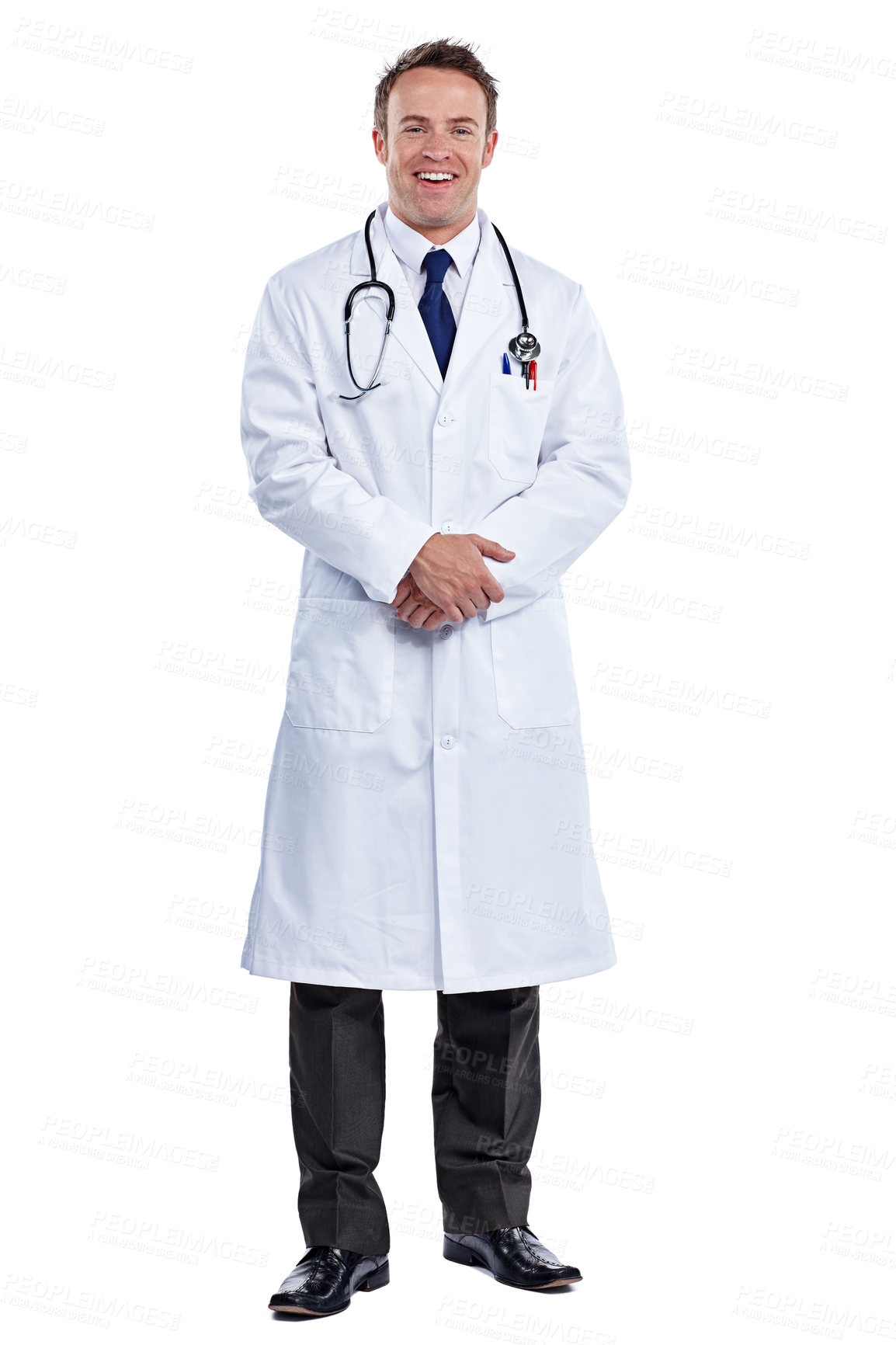 Buy stock photo Full length portrait of a male doctor standing against a white background