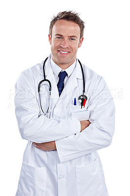 Buy stock photo Cropped portrait of a male doctor standing with his arms folded against a white background