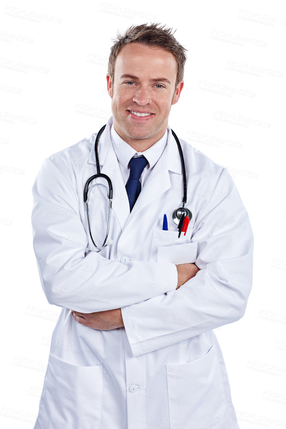 Buy stock photo Cropped portrait of a male doctor standing with his arms folded against a white background