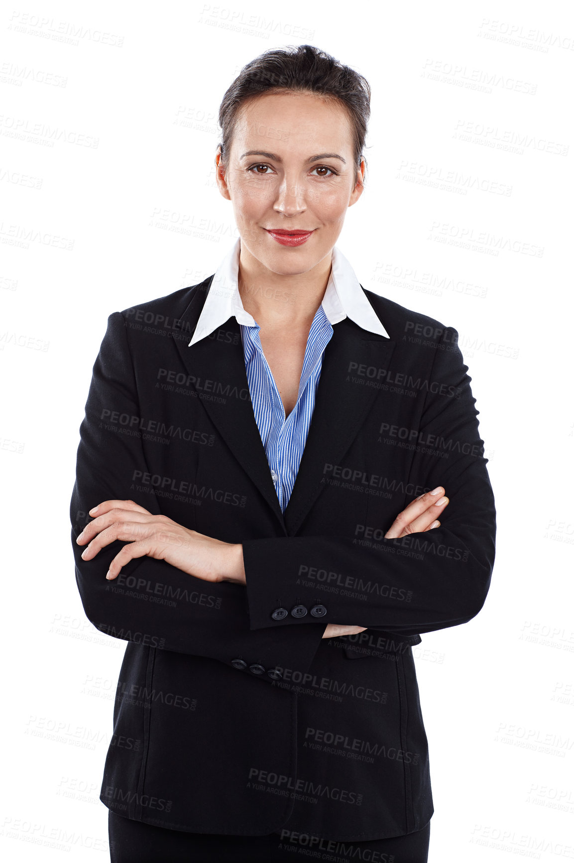 Buy stock photo Cropped portrait of a businesswoman standing with her arms folded against a white background