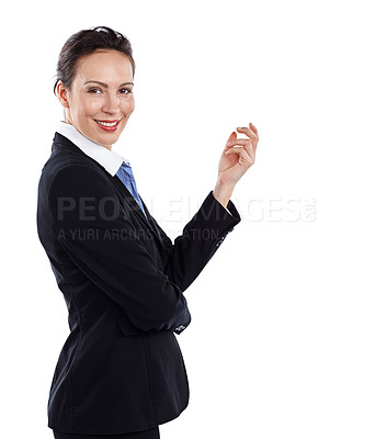 Buy stock photo Cropped portrait of a businesswoman against a white background