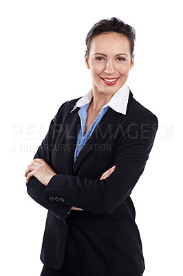 Buy stock photo Cropped portrait of a businesswoman standing with her arms folded against a white background