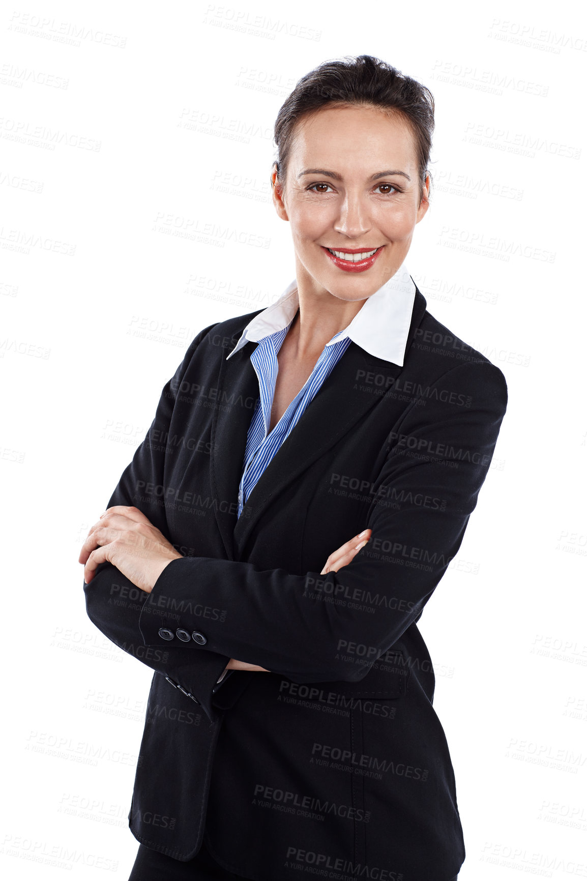 Buy stock photo Cropped portrait of a businesswoman standing with her arms folded against a white background