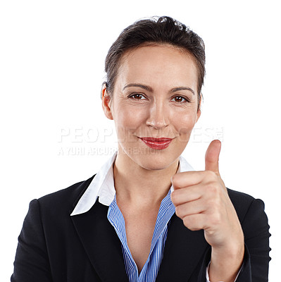 Buy stock photo Cropped portrait of a businesswoman giving you thumbs up against a white background