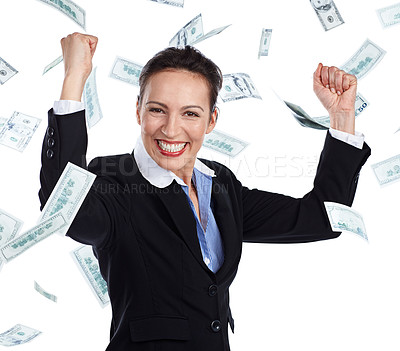 Buy stock photo Cropped portrait of a businesswoman cheering as money rains down against a white background