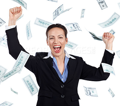 Buy stock photo Cropped portrait of a businesswoman cheering as money rains down against a white background