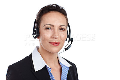 Buy stock photo Cropped portrait of a businesswoman wearing a headset against a white background