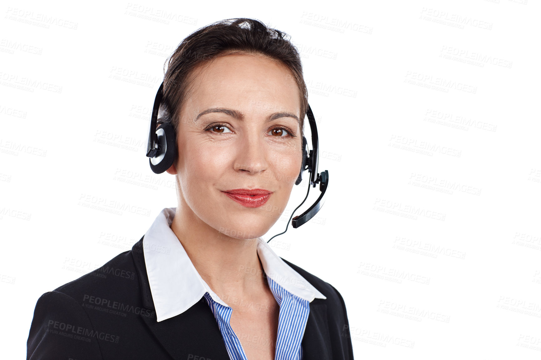 Buy stock photo Cropped portrait of a businesswoman wearing a headset against a white background