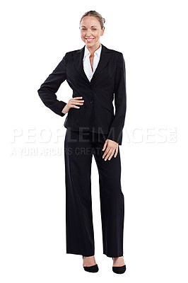 Buy stock photo Full length portrait of a businessman standing with her hand on her hip against a white background