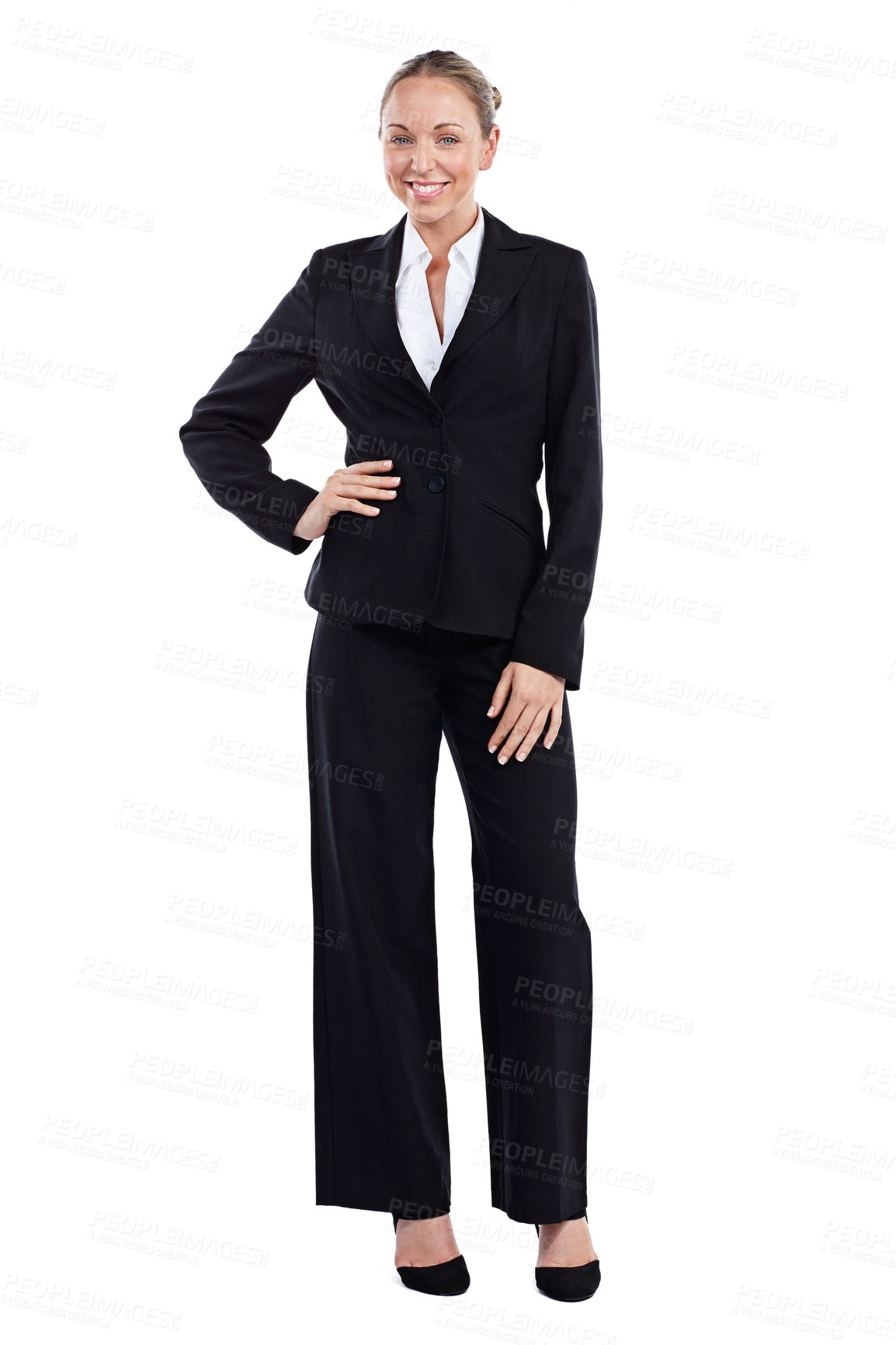 Buy stock photo Full length portrait of a businessman standing with her hand on her hip against a white background