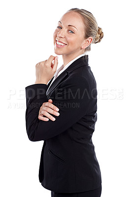 Buy stock photo Cropped portrait of a businesswoman against a white background