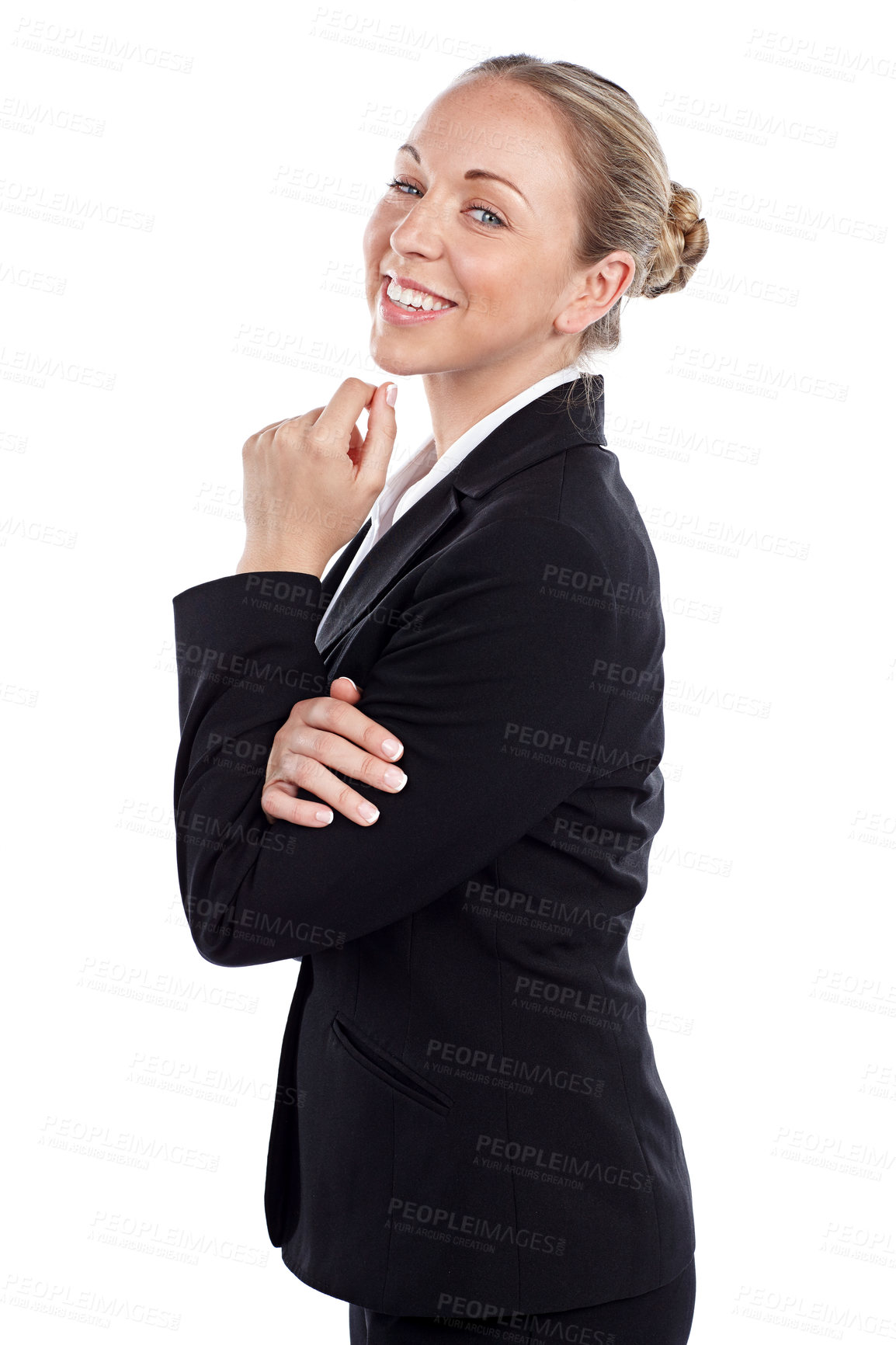 Buy stock photo Cropped portrait of a businesswoman against a white background