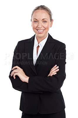 Buy stock photo Cropped portrait of a businesswoman standing with her arms folded against a white background