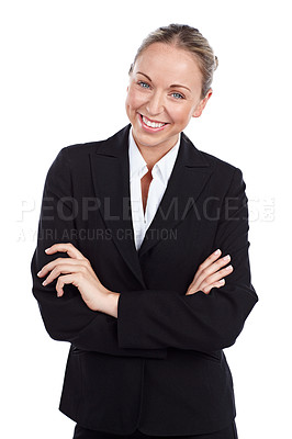 Buy stock photo Cropped portrait of a businesswoman standing with her arms folded against a white background