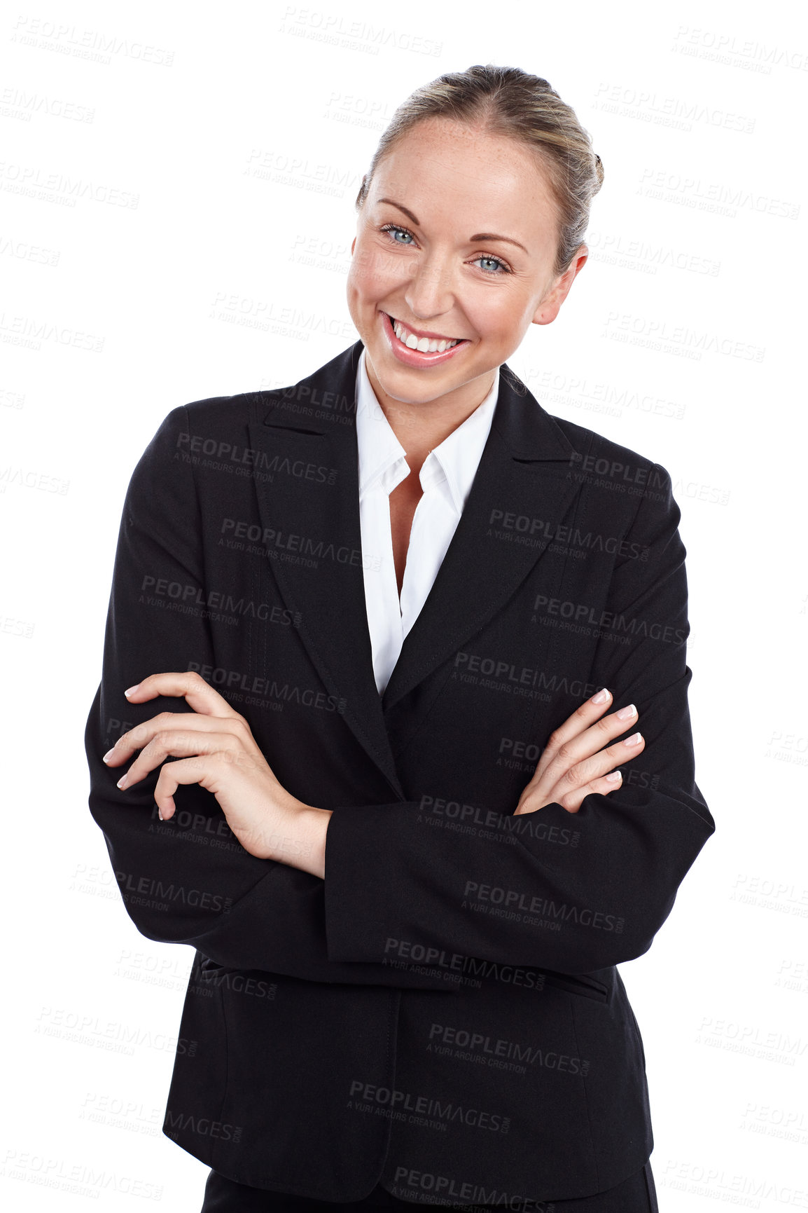 Buy stock photo Cropped portrait of a businesswoman standing with her arms folded against a white background