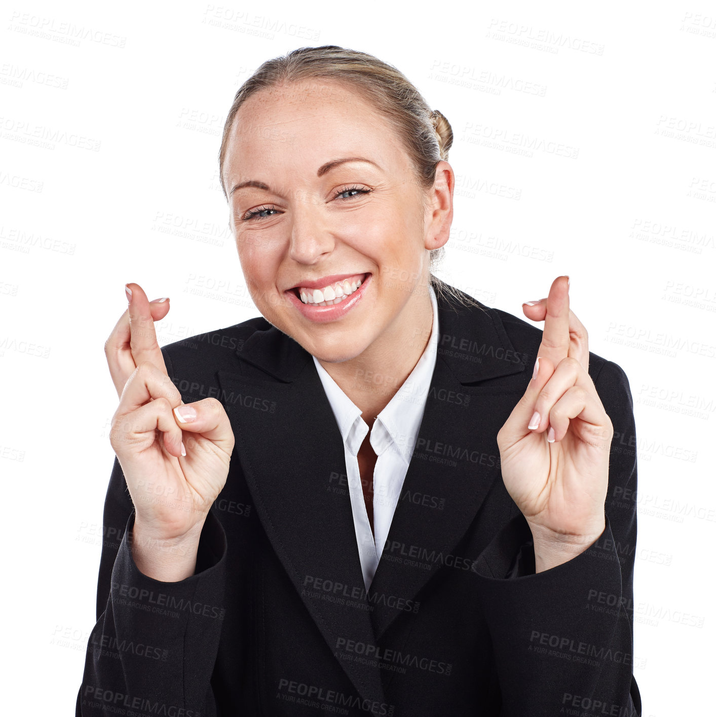 Buy stock photo Cropped portrait of a businesswoman with her fingers crossed against a white background