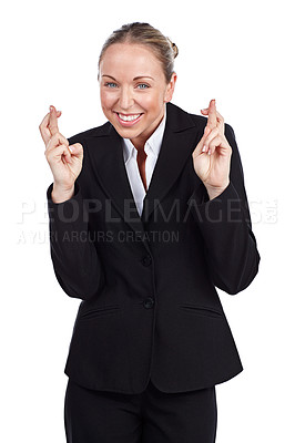 Buy stock photo Cropped portrait of a businesswoman with her fingers crossed against a white background