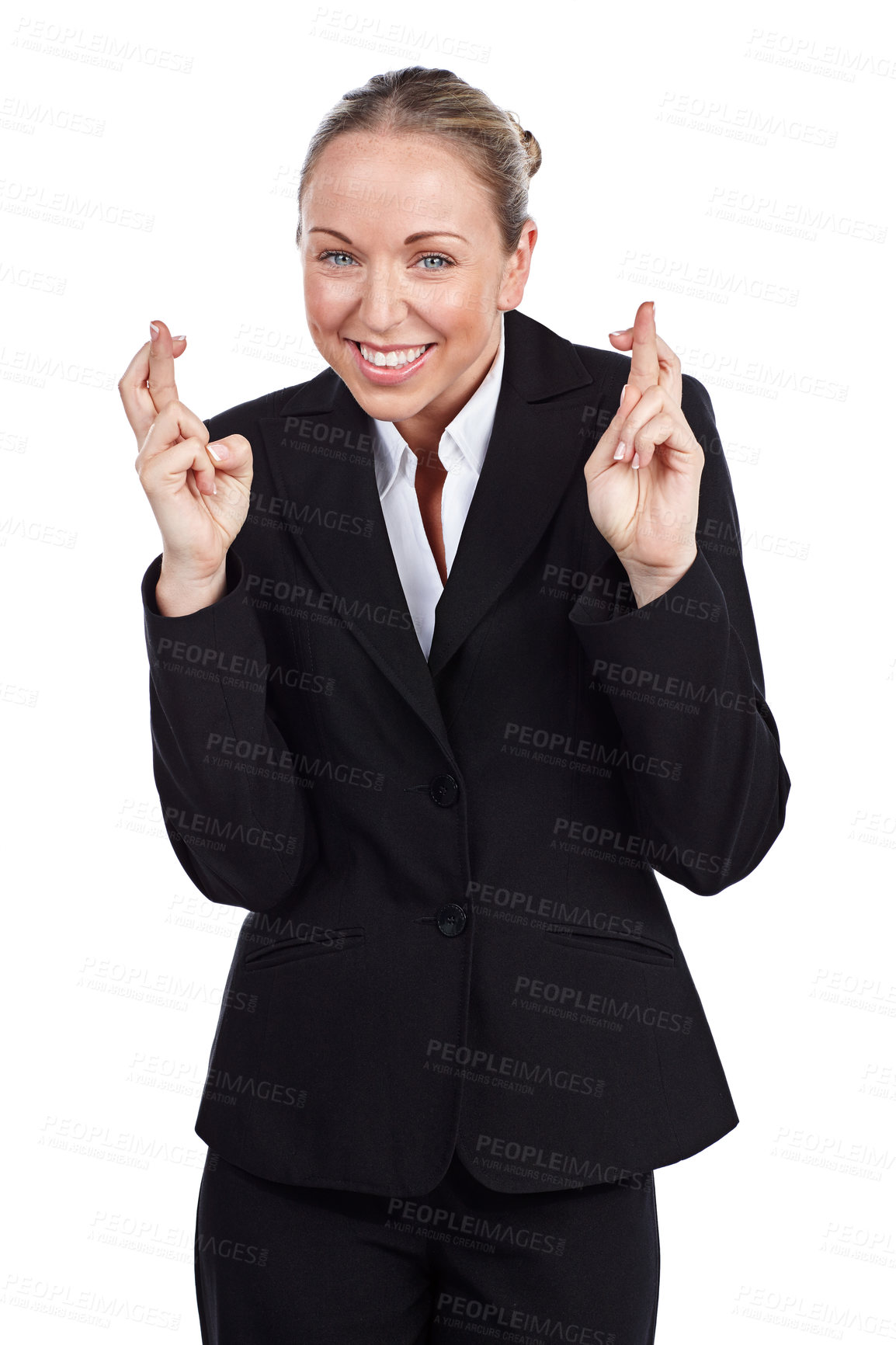 Buy stock photo Cropped portrait of a businesswoman with her fingers crossed against a white background