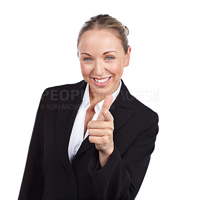 Buy stock photo Cropped portrait of a businesswoman pointing at you against a white background