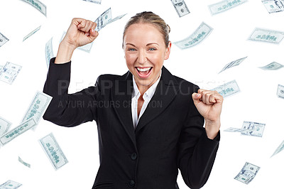 Buy stock photo Cropped portrait of a businesswoman cheering as money rains down against a white background