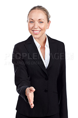 Buy stock photo Cropped portrait of a businesswoman offer her hand against a white background