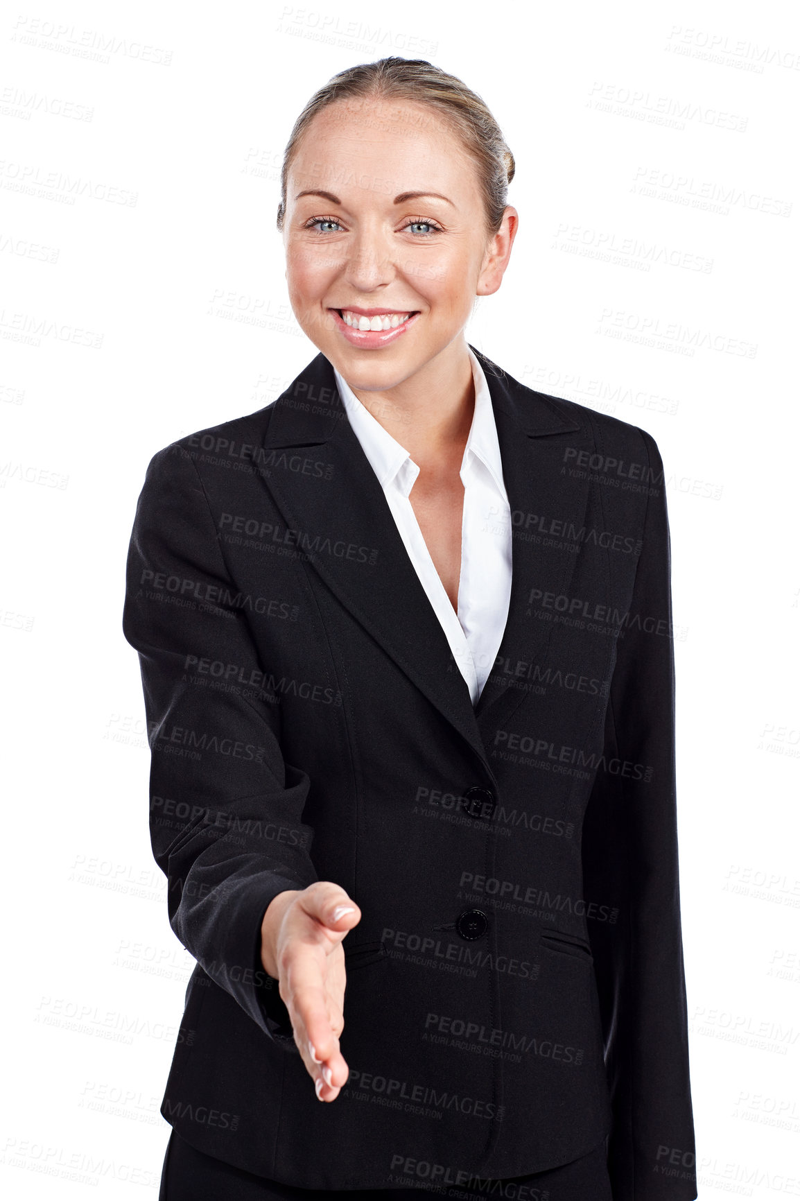 Buy stock photo Cropped portrait of a businesswoman offer her hand against a white background