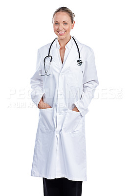 Buy stock photo Cropped portrait of a female doctor standing with her hands in her pockets against a white background