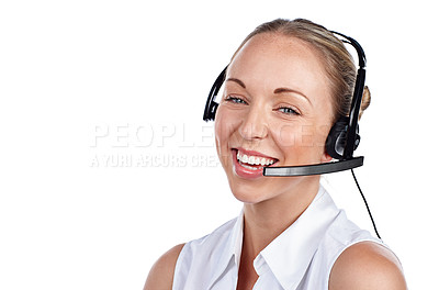 Buy stock photo Cropped portrait of a businesswoman wearing a headset against a white background