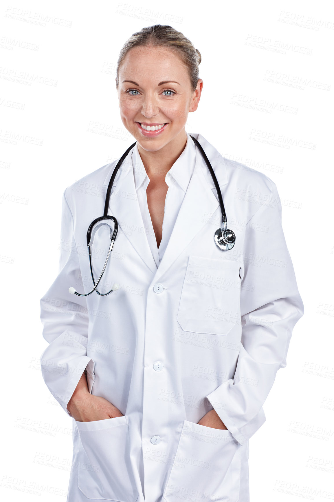 Buy stock photo Cropped portrait of a female doctor standing with her hands in her pockets against a white background