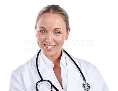 Buy stock photo Cropped portrait of a female doctor against a white background