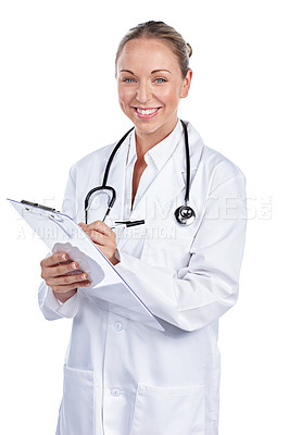 Buy stock photo Cropped portrait of a female doctor filling out a form against a white background