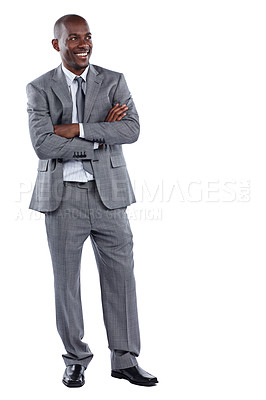 Buy stock photo Full length shot of a businessman standing with his arms folded against a white background