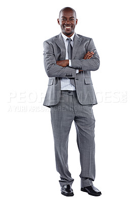 Buy stock photo Full length portrait of a businessman standing with his arms folded against a white background