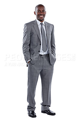 Buy stock photo Full length portrait of a businessman standing with his hands in his pockets against a white background