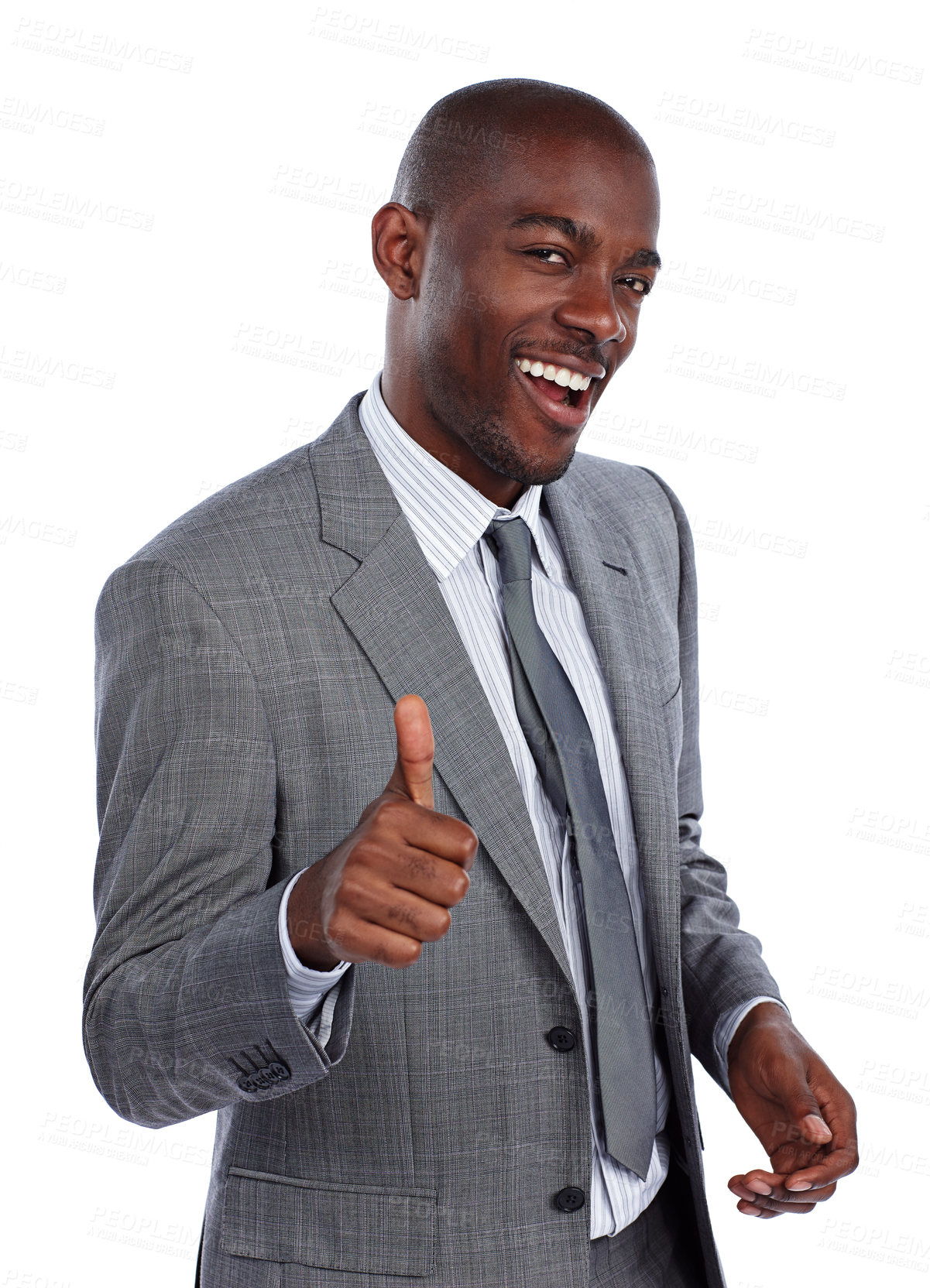 Buy stock photo Cropped portrait of a businessman giving you thumbs up against a white background