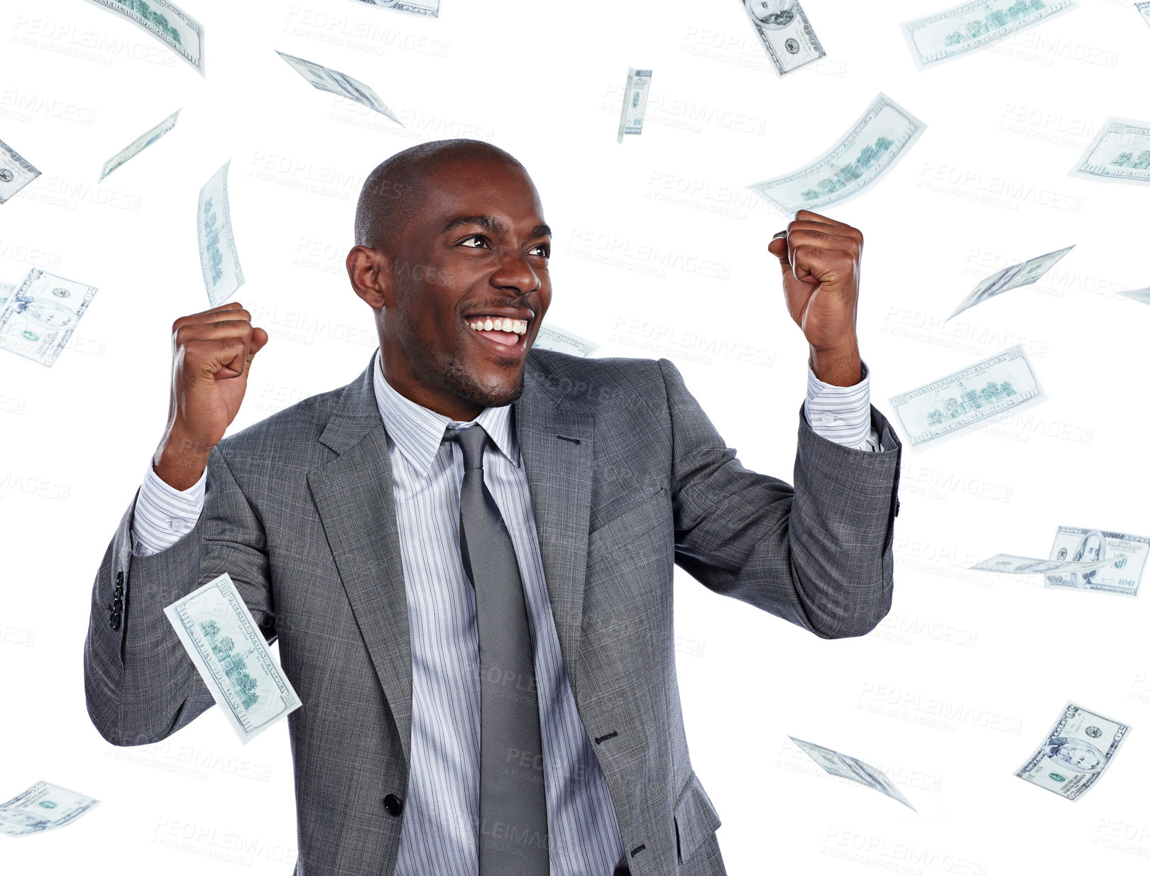 Buy stock photo Cropped shot of a businessman cheering as money rains down against a white background