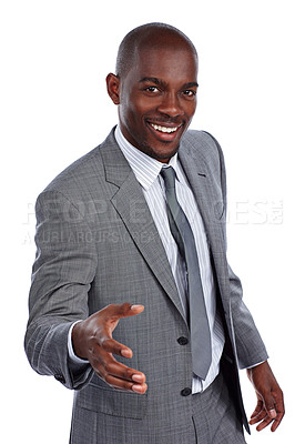 Buy stock photo Cropped portrait of a businessman offering you his hand against a white background