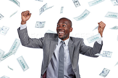 Buy stock photo Cropped shot of a businessman cheering as money rains down against a white background