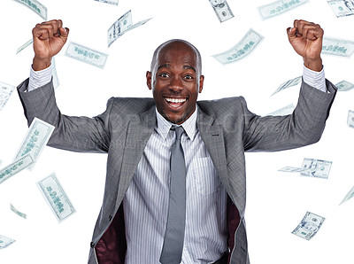 Buy stock photo Cropped portrait of a businessman cheering as money rains down against a white background