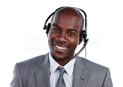 Buy stock photo Cropped portrait of a businessman wearing a headset against a white background