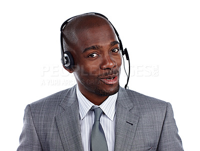 Buy stock photo Cropped portrait of a businessman wearing a headset against a white background