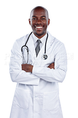 Buy stock photo Cropped portrait of a male doctor standing with his arms folded against a white background