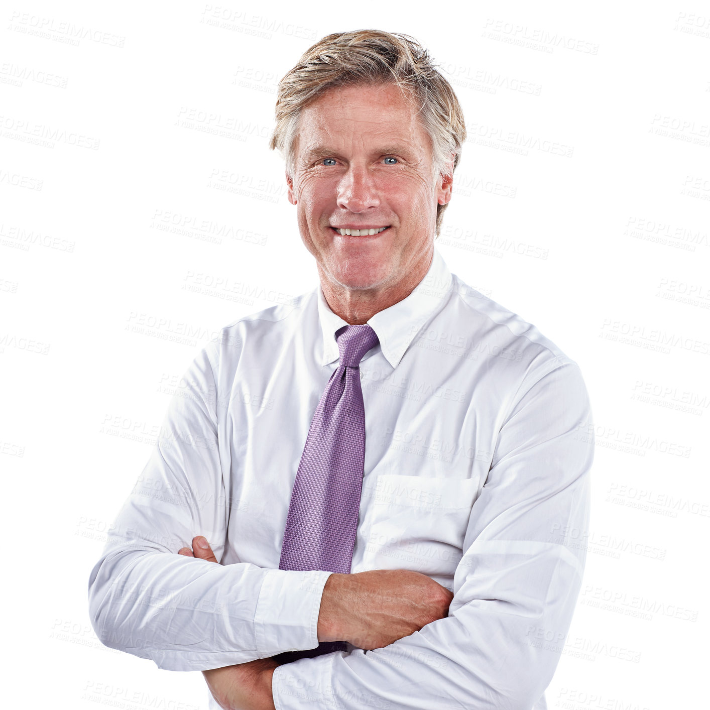 Buy stock photo Cropped portrait of a businessman standing with his arms folded against a white background