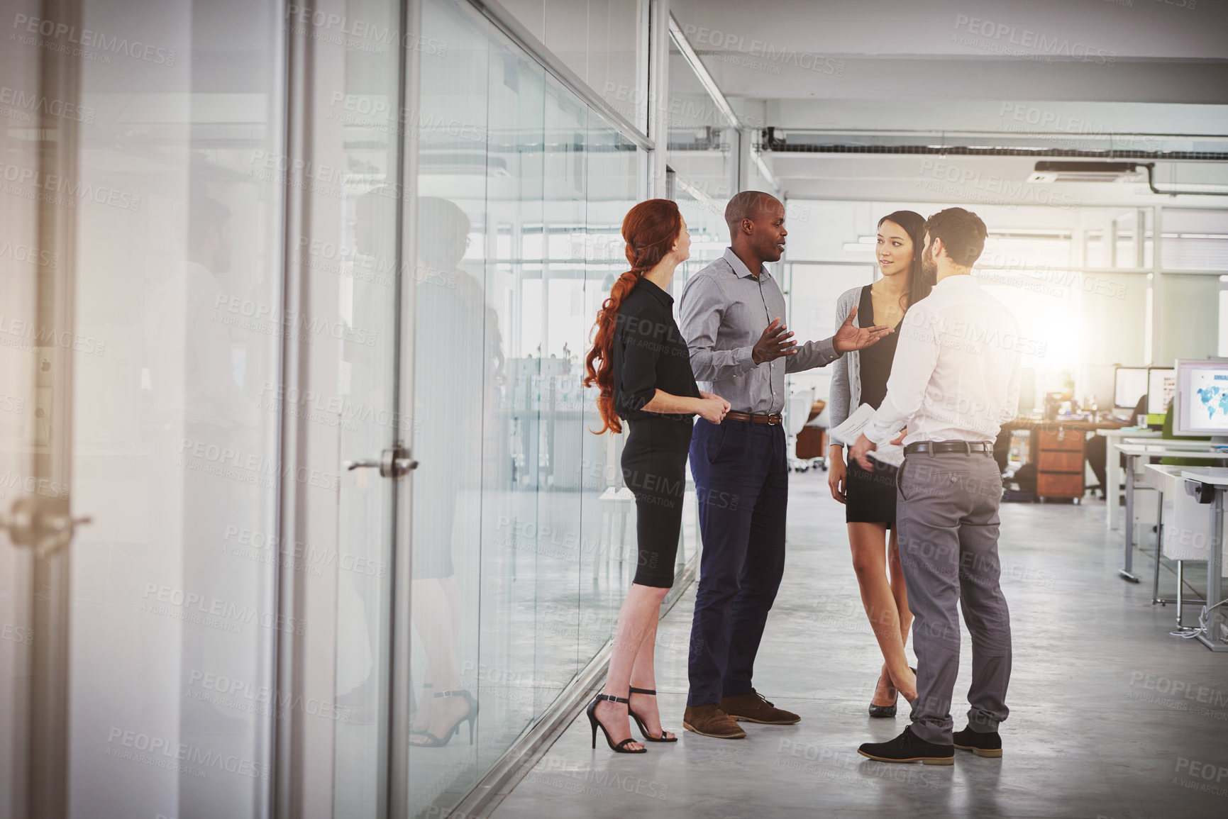 Buy stock photo Business people, group and discussion in office hallway with men, women or diversity for strategy at startup. Businessman, leader or talking for motivation, teamwork or brainstorming for company goal
