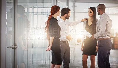 Buy stock photo Business people, group and discussion in office corridor with men, women or diversity for strategy at startup. Businessman, leader or talk with advice, teamwork and brainstorming for company goal